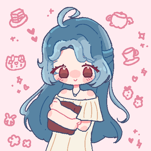 An animated GIF of a.rriver's (on discord) character drawn in a pixel style. She is holding a book in her hands.