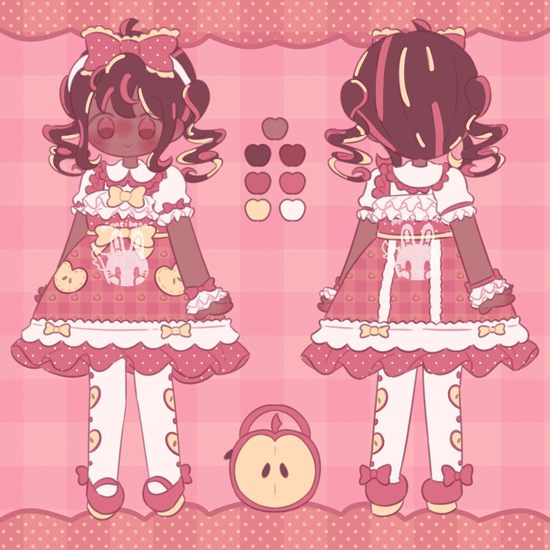 A reference sheet of a girl wearing apple-themed lolita fashion.