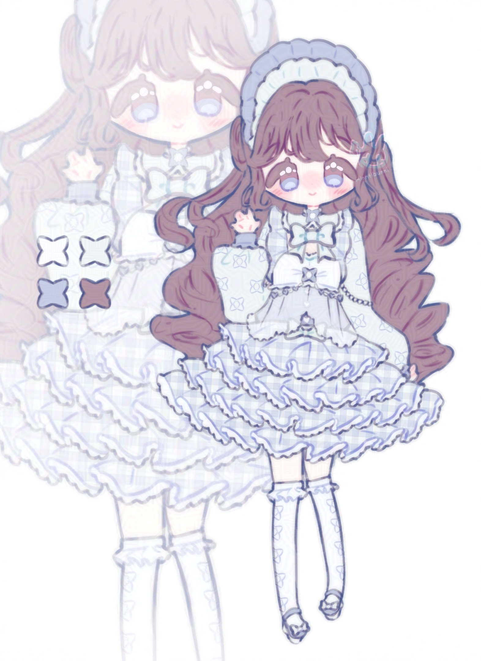 A reference sheet of a girl wearing lolita inspired fashion based off the azure bluet flower.