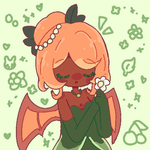 An animated GIF of Bajablast's character drawn in a pixel style. She has her eyes closed and is holding a flower in her hands.