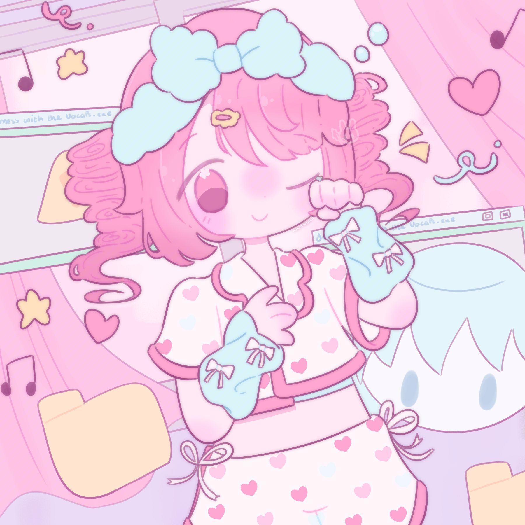 A sketch of the virtual singer Kasane Teto with the 'Be careful! vocaloid producer!' by Chenomio design. She is rubbing her left eye with her left hand and has her right hand resting on her chest. She is surrounded by warning computer windows, digital folder icons, a Hatsune Miku plush, music notes, hearts, stars and bubbles. Behind her is a window and flowing curtains. 