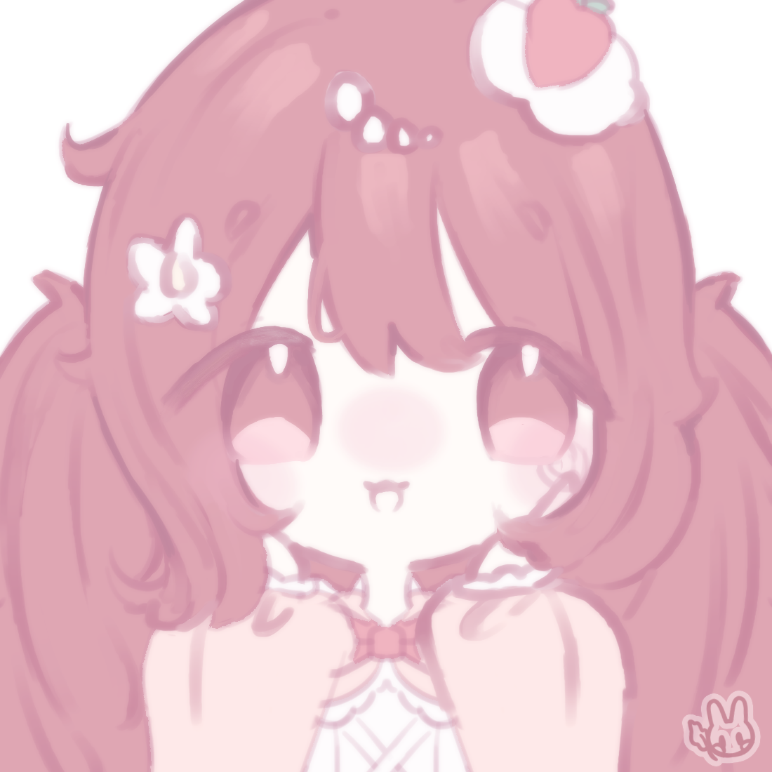 An illustration of my strawberry themed original character. she has her hands up to her face.