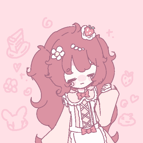 An animated GIF of my strawberry themed original character drawn in pixel style. She has her eyes closed and is holding her hand up to her face in a fist.
