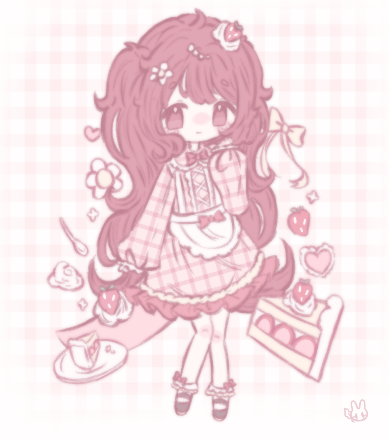 An illustration of my strawberry themed original character drawn in a chibi style. She has her hand up to her face.