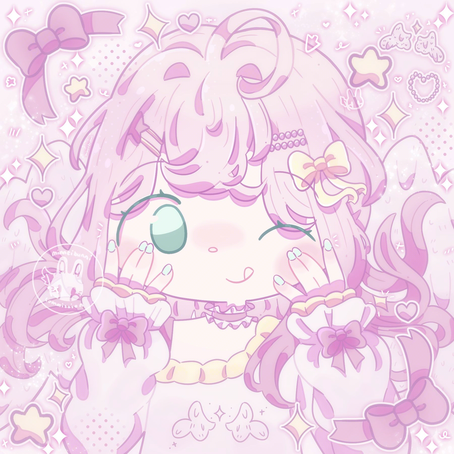 An illustration of a character with flowing hair and wings attached to their head. They are putting both of their hands up to their face and are winking. They are surrounded by sparkles, bows, hearts, stars and another pair of wings.