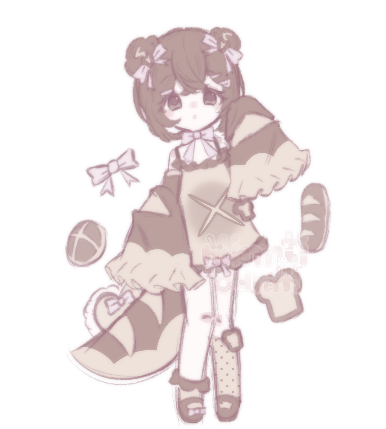 An illustration of my bread themed original character. She has her sleeve high up and is looking up.
