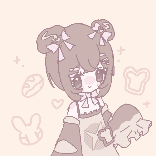 An animated GIF of my bread themed original character drawn in pixel style. She is holding her hand up.