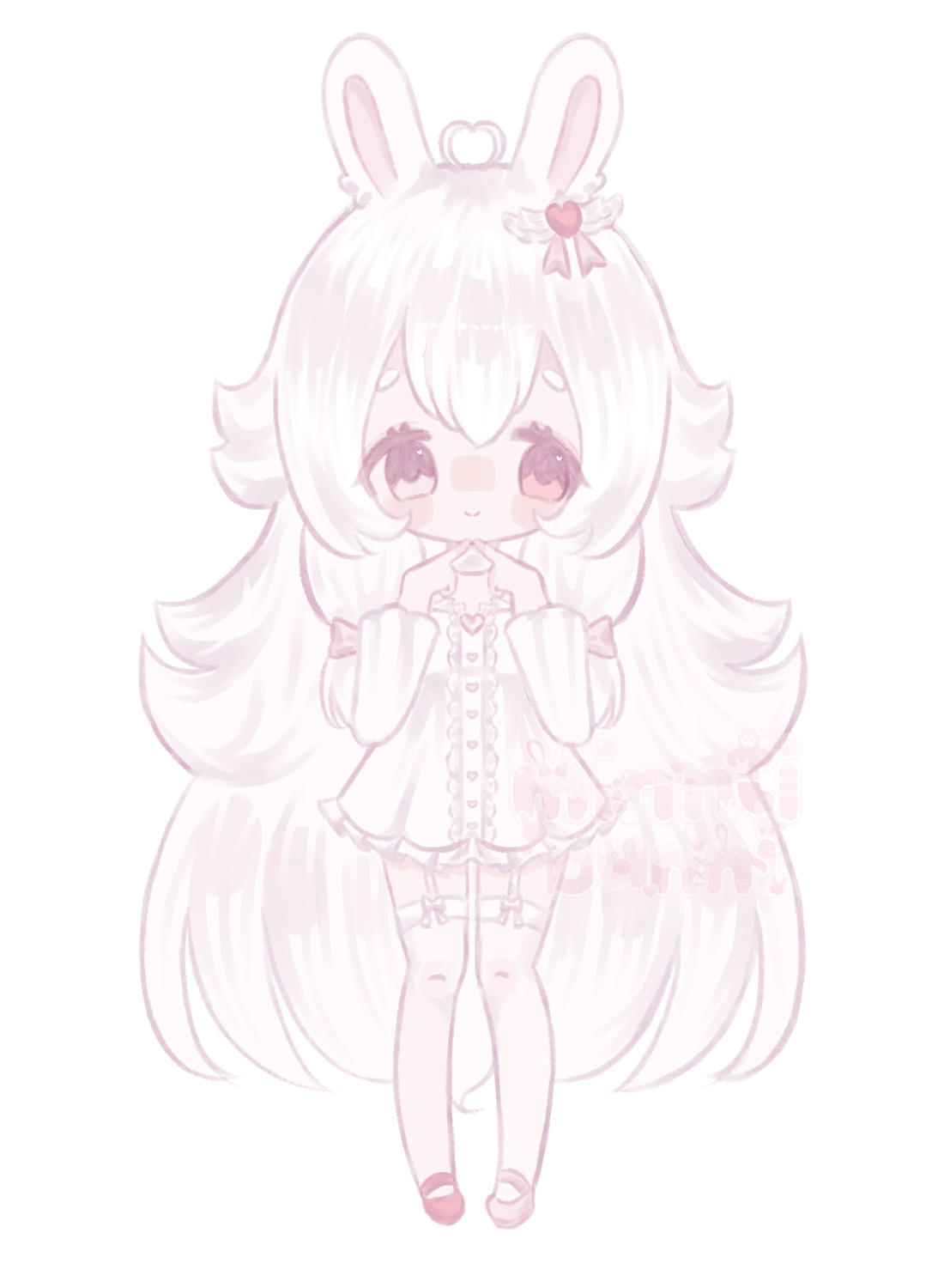 An illustration of Catalola's character in chibi form. They have their hands pointed towards each other close to their face and are looking to the side with a shy expression.