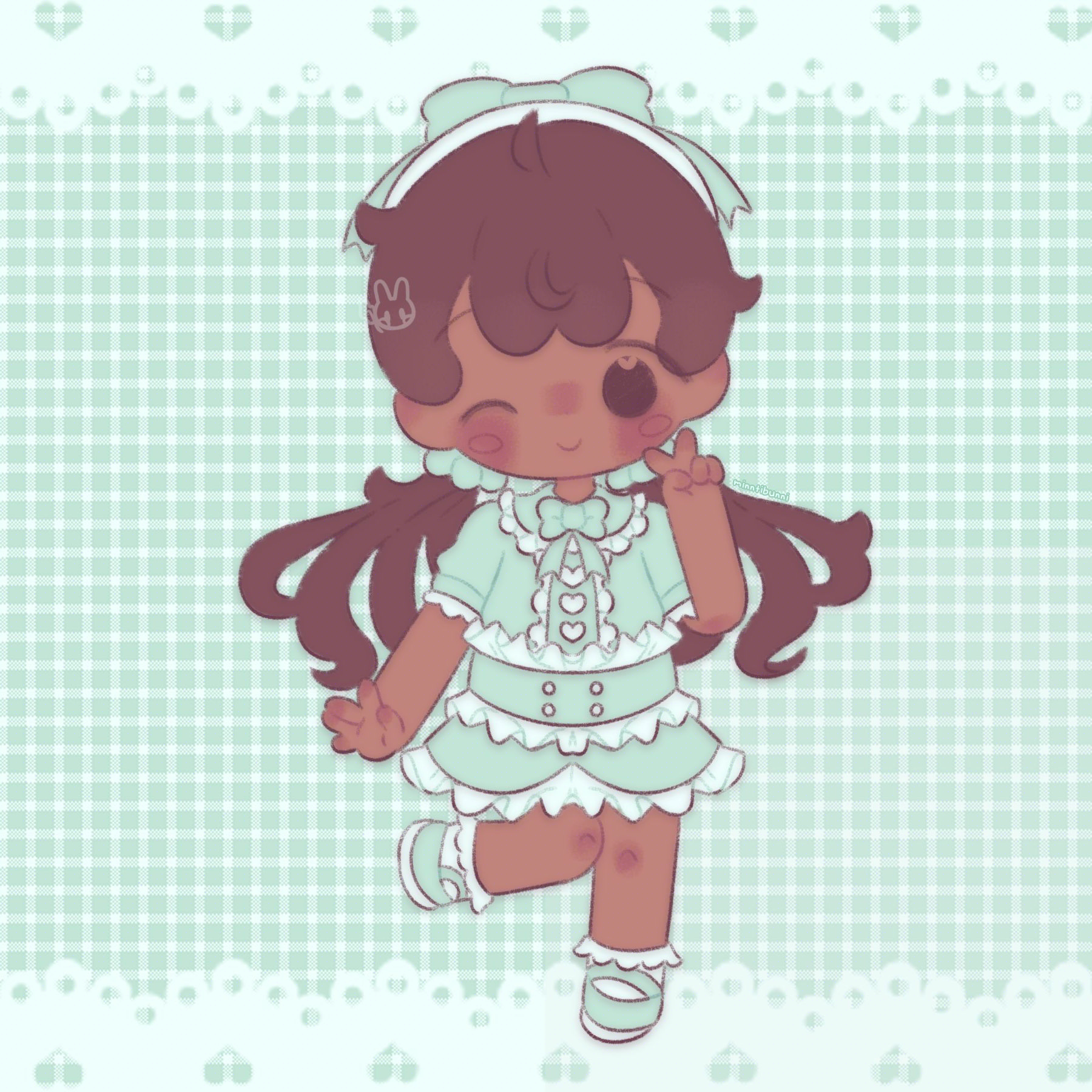 A chibi styled drawing of the mayor. She is winking and doing a peace sign.