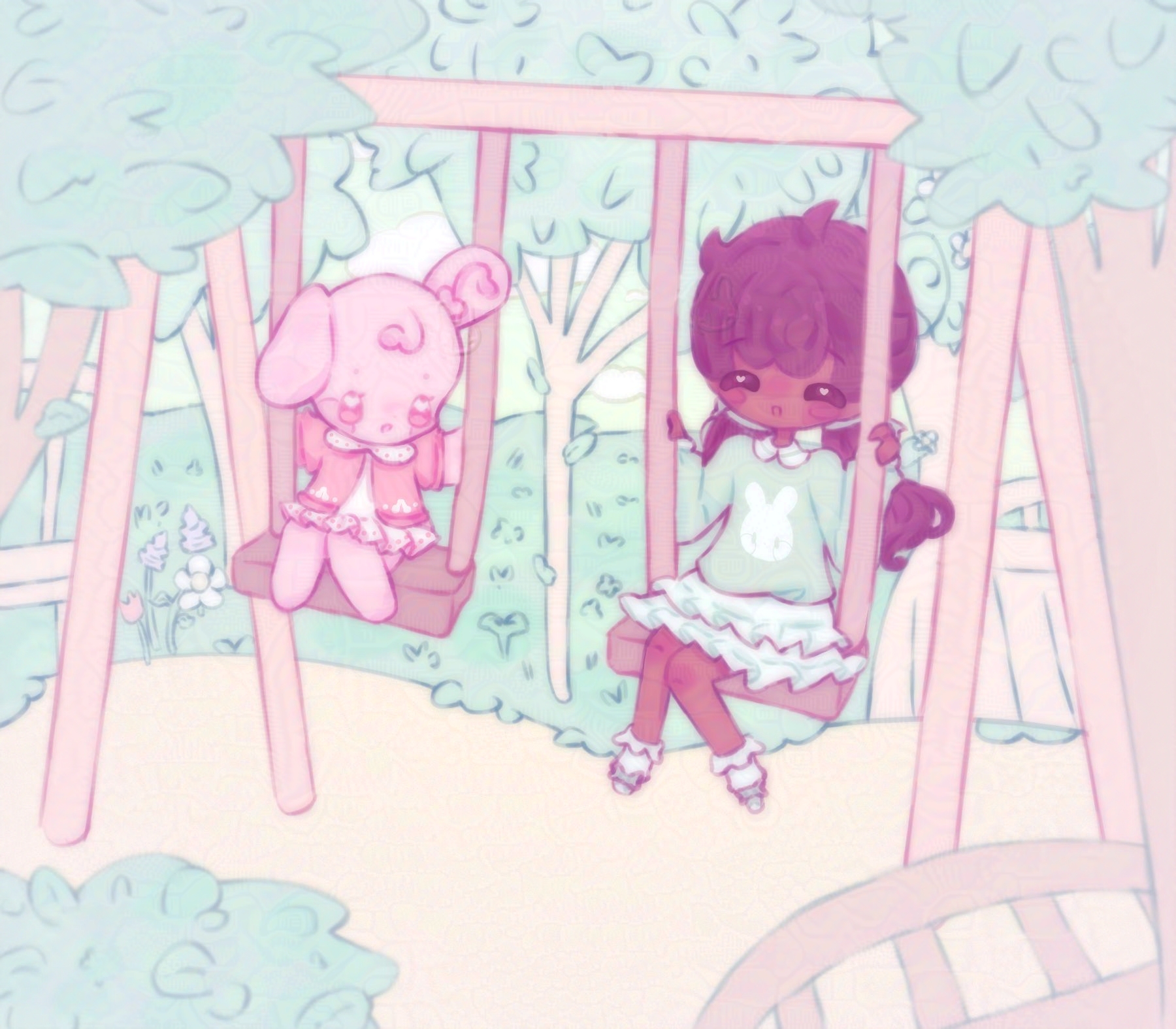 An illustration of the mayor and the mintbunny Cherry Blossom drawn in a chibi style. They are playing on a set of swings.