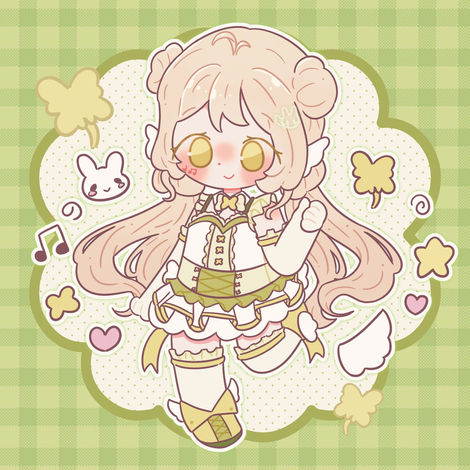 An illustration of bisquebowl's (on ArtFight) original character Chie in chibi style. They are surrounded by four leaf clovers, hearts, stars and their favourite bunny keychain.