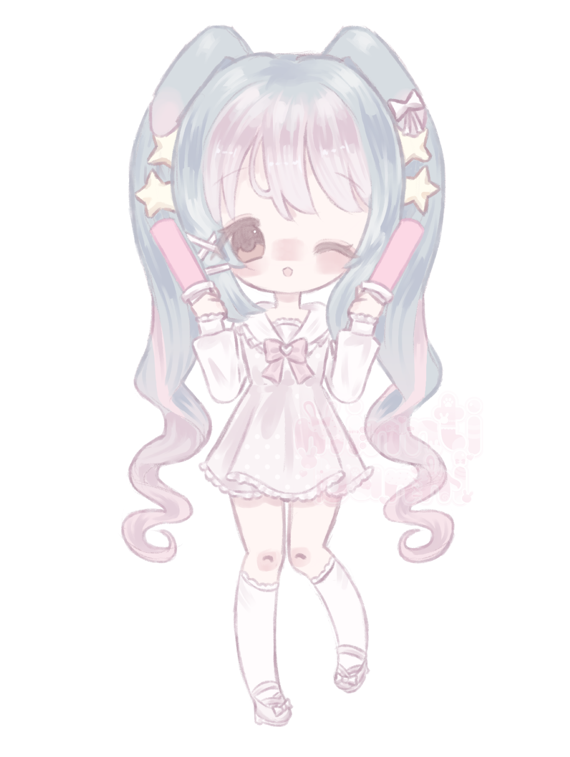 An illustration of cicinny's character in chibi form. They are holding lightsticks and are winkining and smiling.