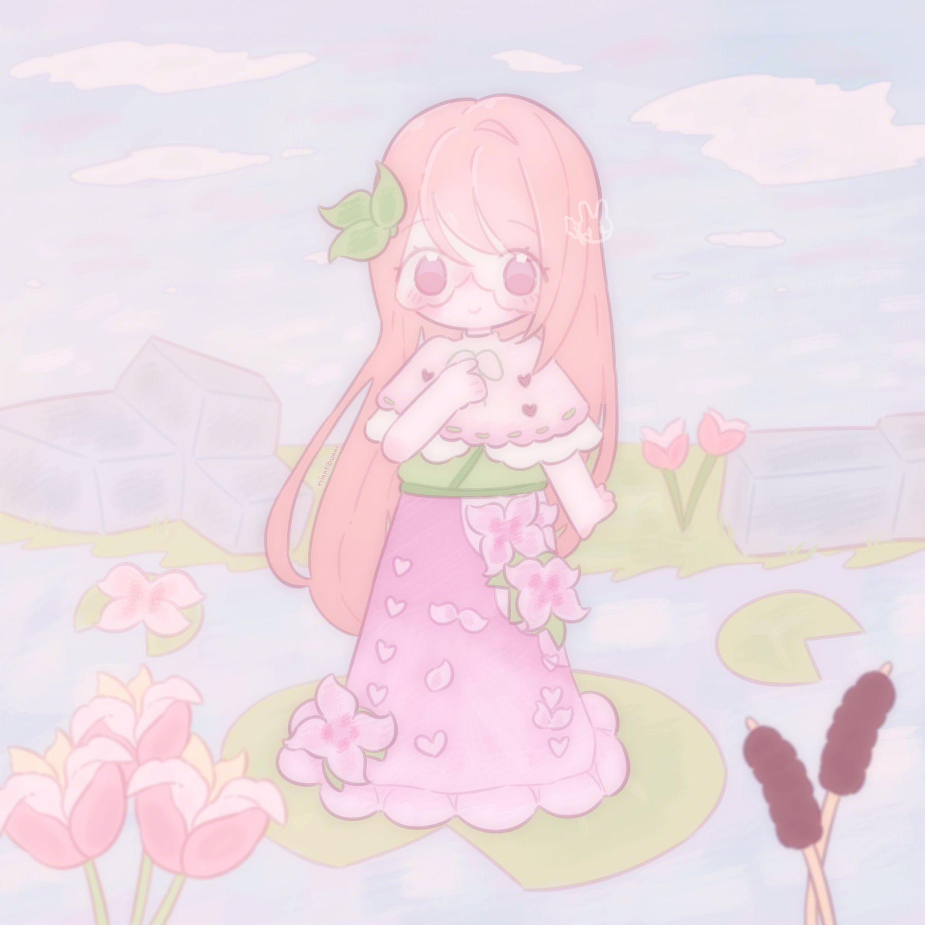 An illustration of jy_2_'s (on discord) character in chibi form. They are standing on a lilypad on a river with other lilypads and have their hand resting on their chest. There are flowers infront of them and rocks behind them.