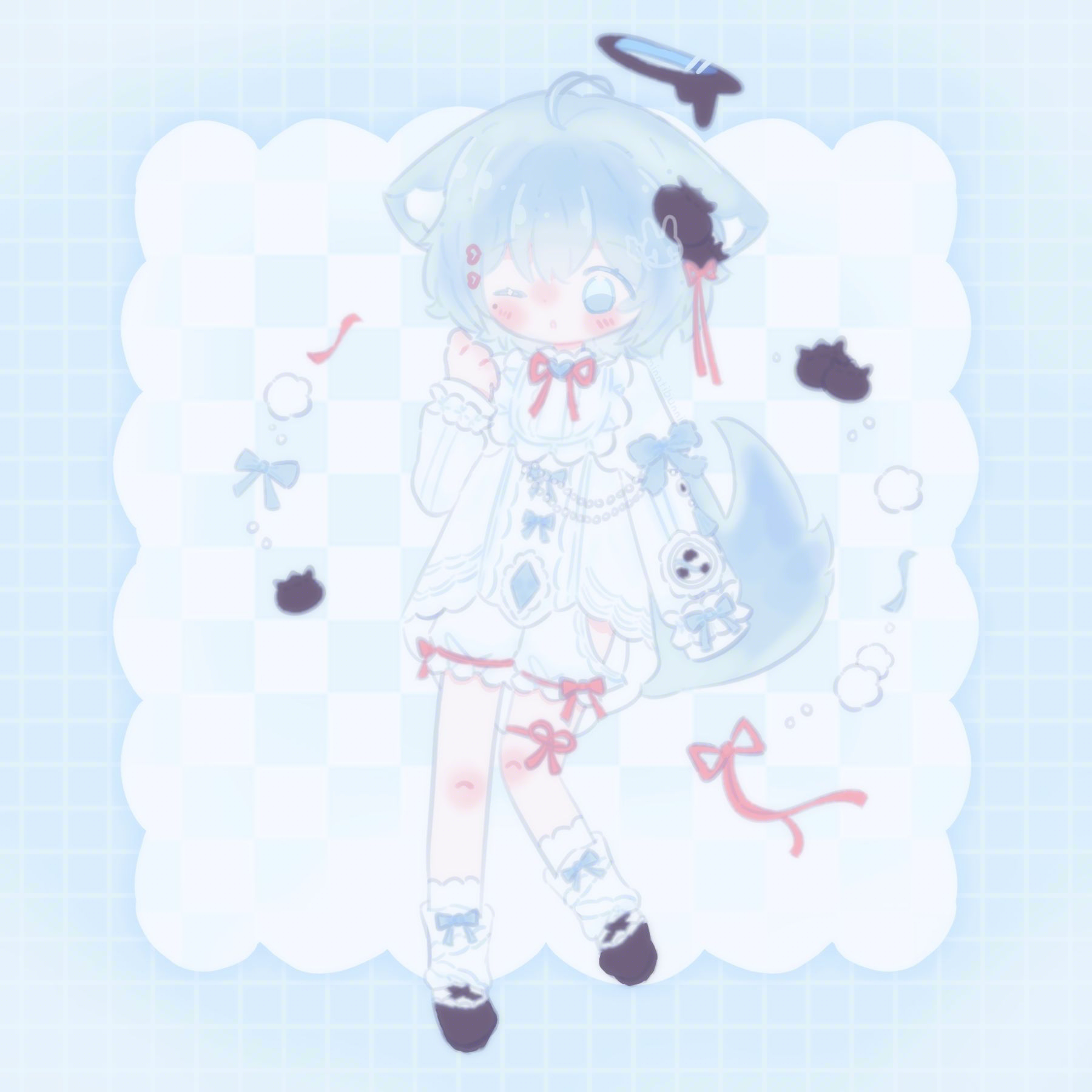 An illustration of cupid.virtue's (on discord) character. They are holding their hand up to their face while winking. They are surrounded by blueberries, fluff balls, bows, pearls and pieces of ribbon.