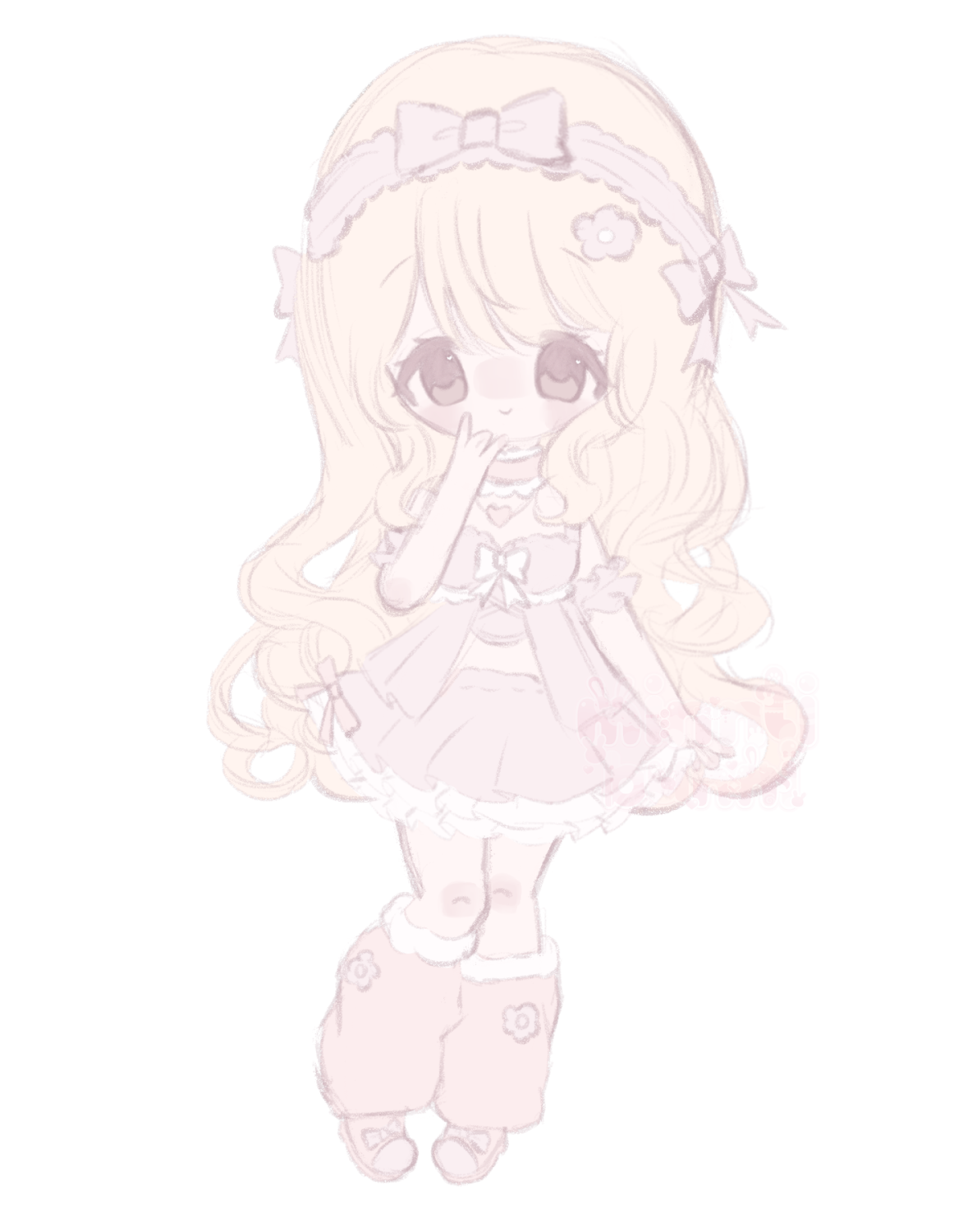 An illustration of doedoli's original character in chibi form. They have their hand up to their face.