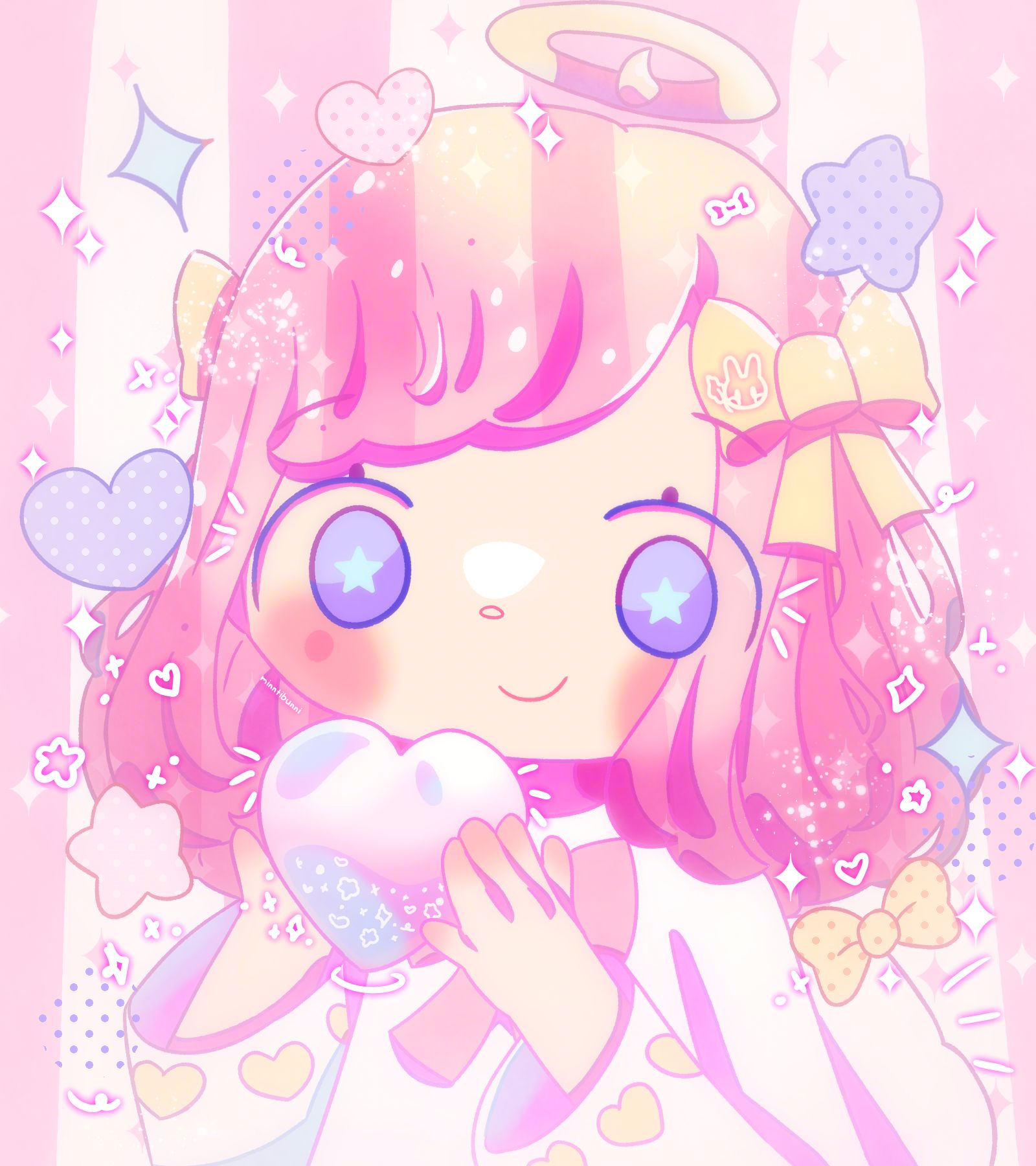 An illustration of a girl dressed similarly to an angel holding a crystal heart filled with many shiny charms inside. She is surrounded by a bow, hearts, stars and sparkles. There are many sparkles and doodles around her.
