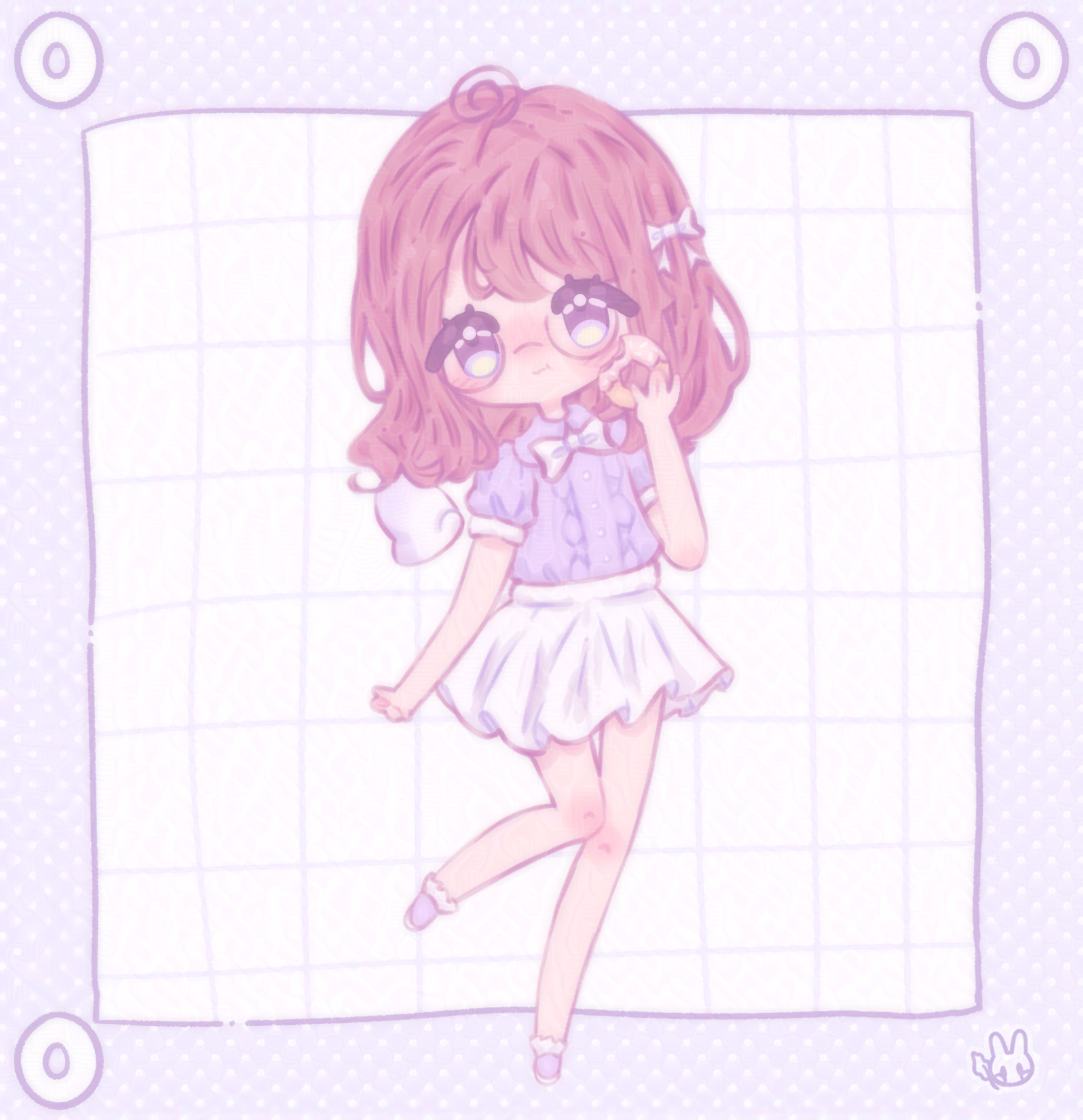 An illustration of my original character drawn in a chibi style. She is holding a doughnut.