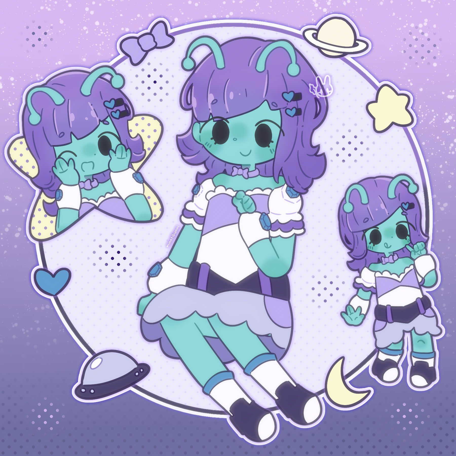 An illustration of koolaid-cat's (on ArtFight) original character Eleanor. They are sitting. They are surrounded by a headshot of them holding their hands up to their face and winking and a chibi version of themself pointing to their face while sticking their tongue out. They are surrounded by a bow, a planet with a ring, a star, a heart, a ufo and a crescent moon.