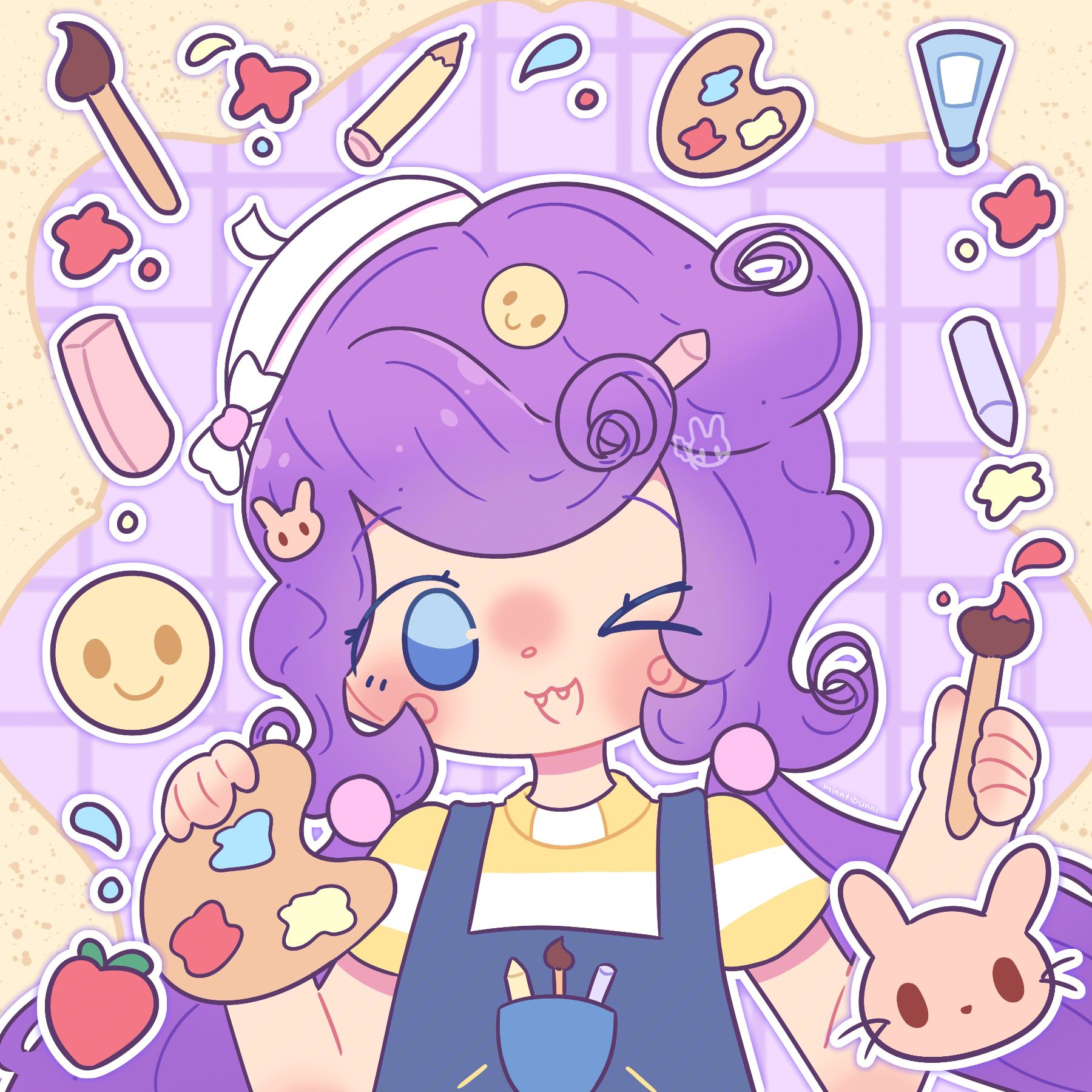 An illustration of Thooth's (on ArtFight) original character Emily. They are holding a paint palette and a paintbrush that has red paint (or blood?), blue paint and yellow paint on it. There are multiple paint splashes of different colours and various art supplies surrounding them.