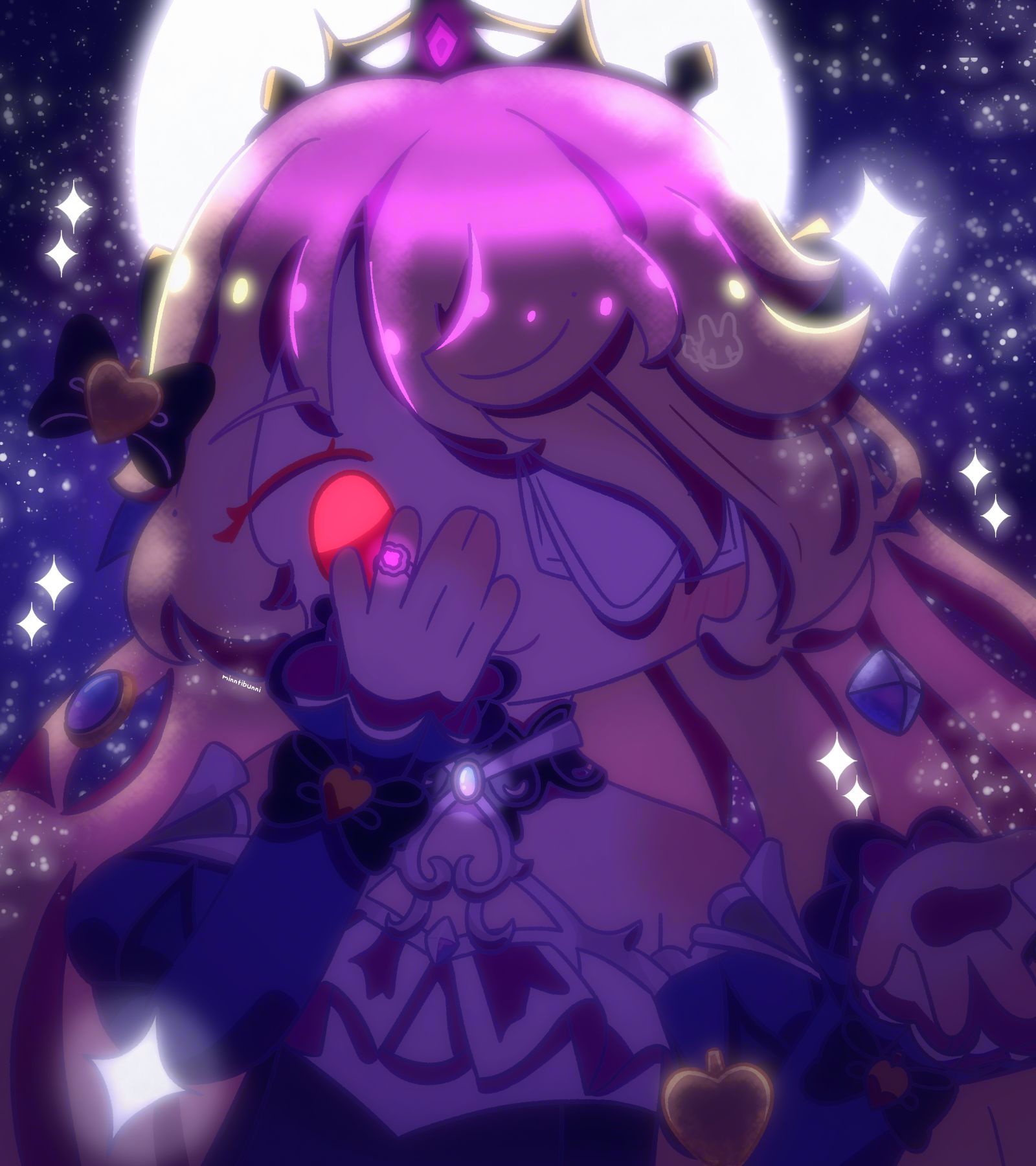 An illustration of the character Fischl from the game 'Genshin Impact'. She is wearing her 'Ein Immernachtstraum' outfit. She is in a scene with a starry sky and the moon is behind her. She is holding her hand to her face and another hand out to the viewer. She is surrounded by a bow, an ornament and a gem. There are many sparkles around her.