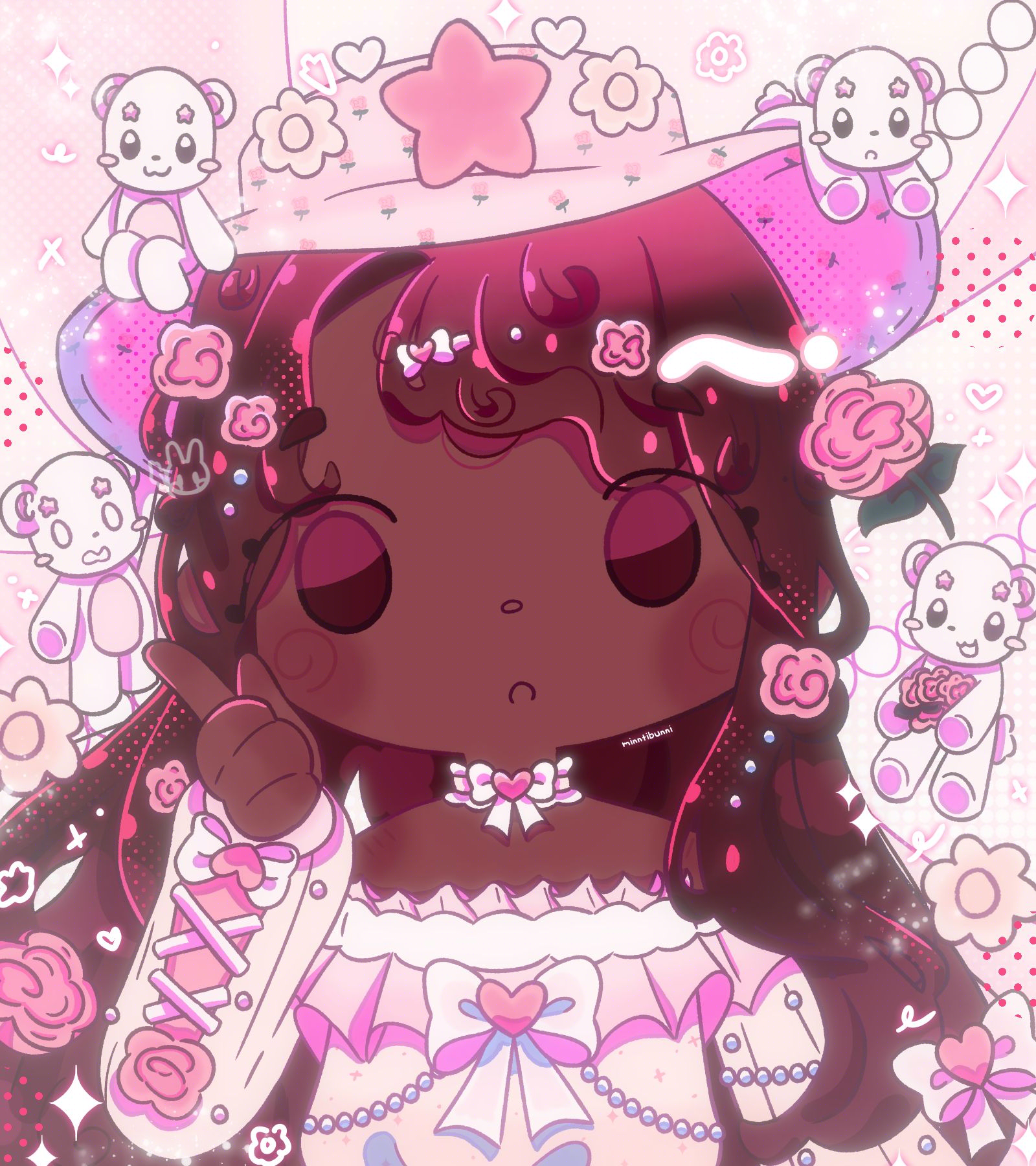 An illustration of a girl looking up to her hat where there is a small bear sitting on top of. She is holding her finger up to her face. There are other bears, bows and flowers surrounding her. There are many sparkles and doodles around her.