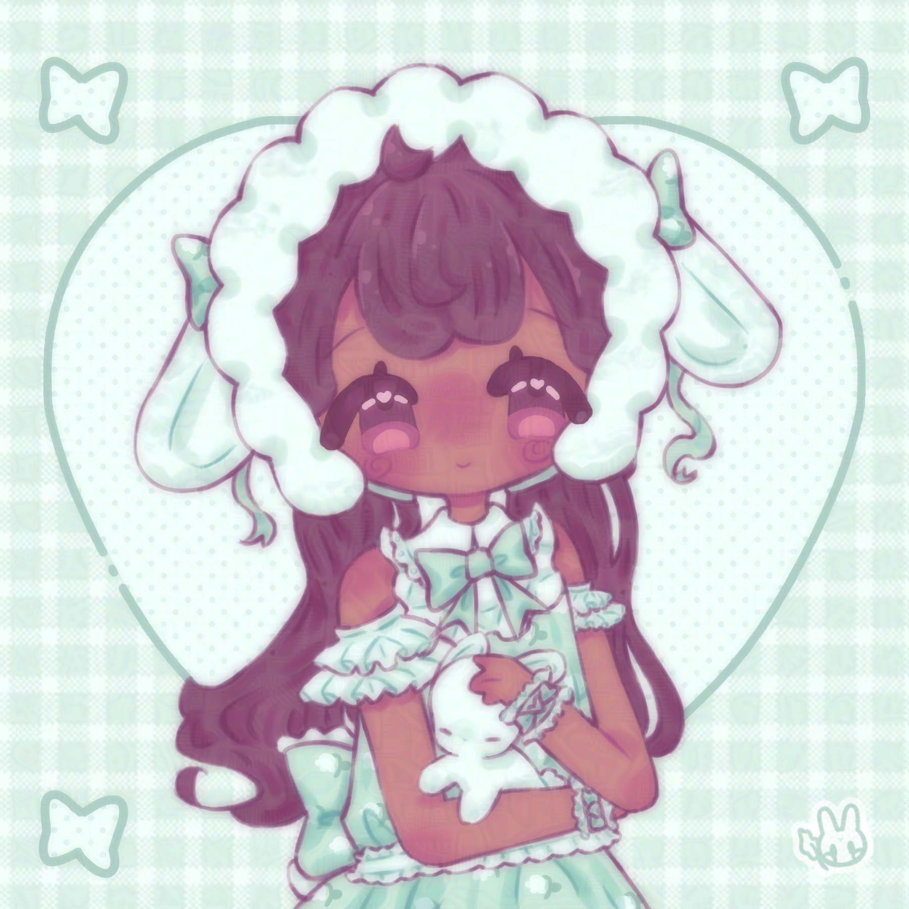 An illustration of the mayor in a spring themed outfit. She is holding a bunny in her arms.