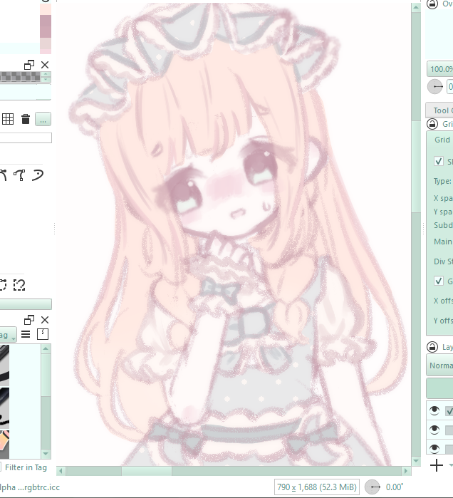 An illustration of my original character who wears lolita clothing. She has a flustered expression on her face and is looking to the side.