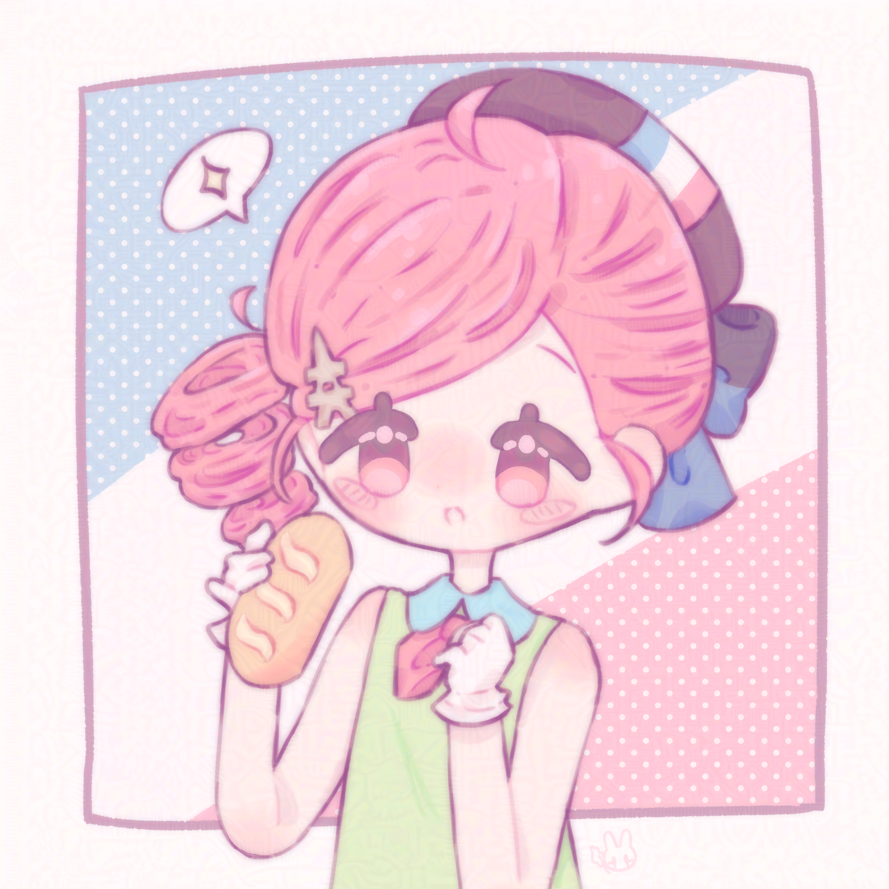 An illustration of the Utau/SynthV character 'Kasane Teto' dressed in a french themed outfit featured in the song 'フランスかぶれ'. She is holding a loaf of bread.