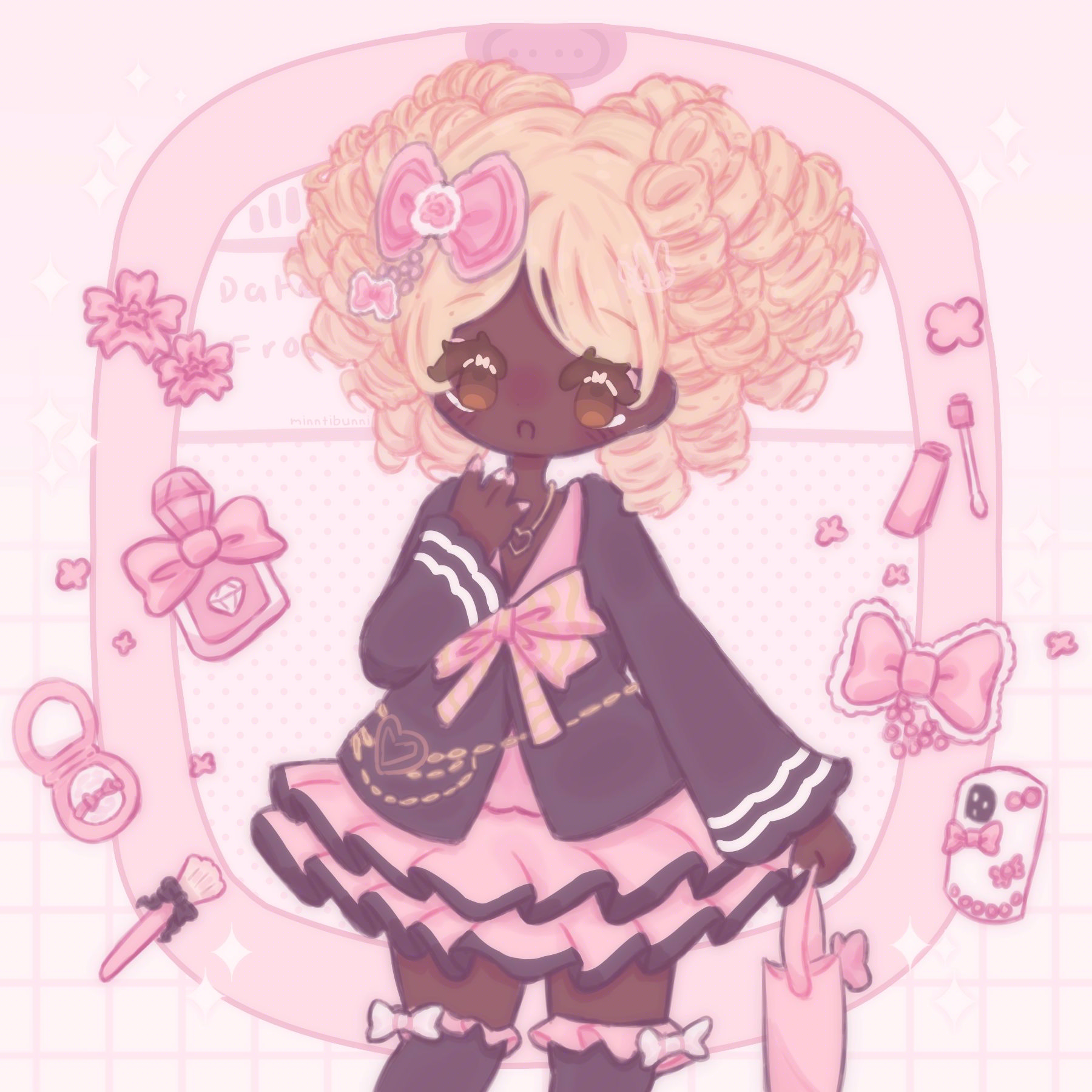 An illustration of frenchiegirl's (on discord) original character. They are holding a hand back in one hand and have their other hand up to their face.