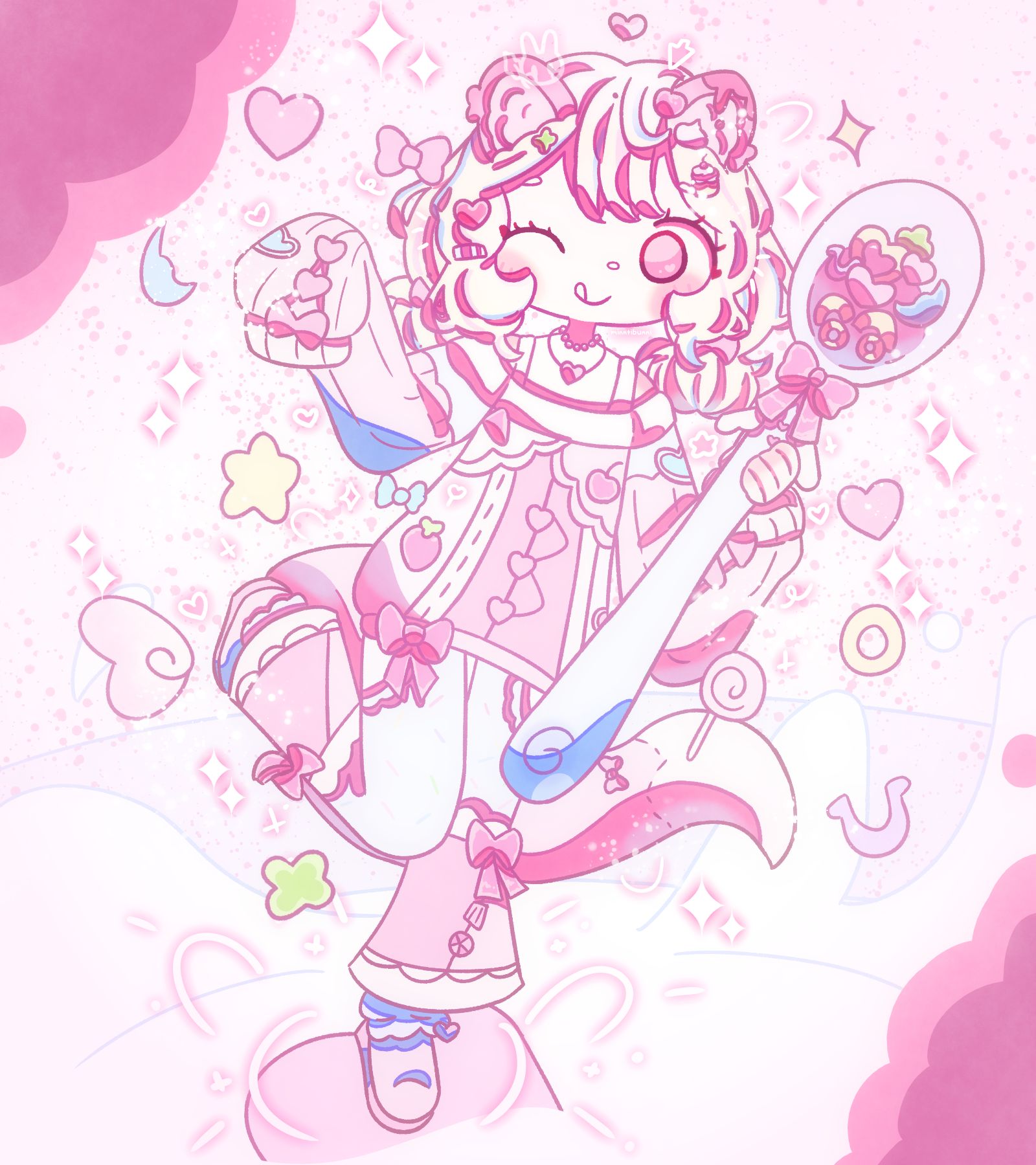 An illustration of a character standing on a piece of pink cereal inside a bowl of milk. They are waving their hand that is covered by their long sleeves to the viewer and is holding a big spoon in their other hand. The spoon has more cereal pieces inside. They are surrounded by other pieces of cereal. There are many sparkles and doodles around them.