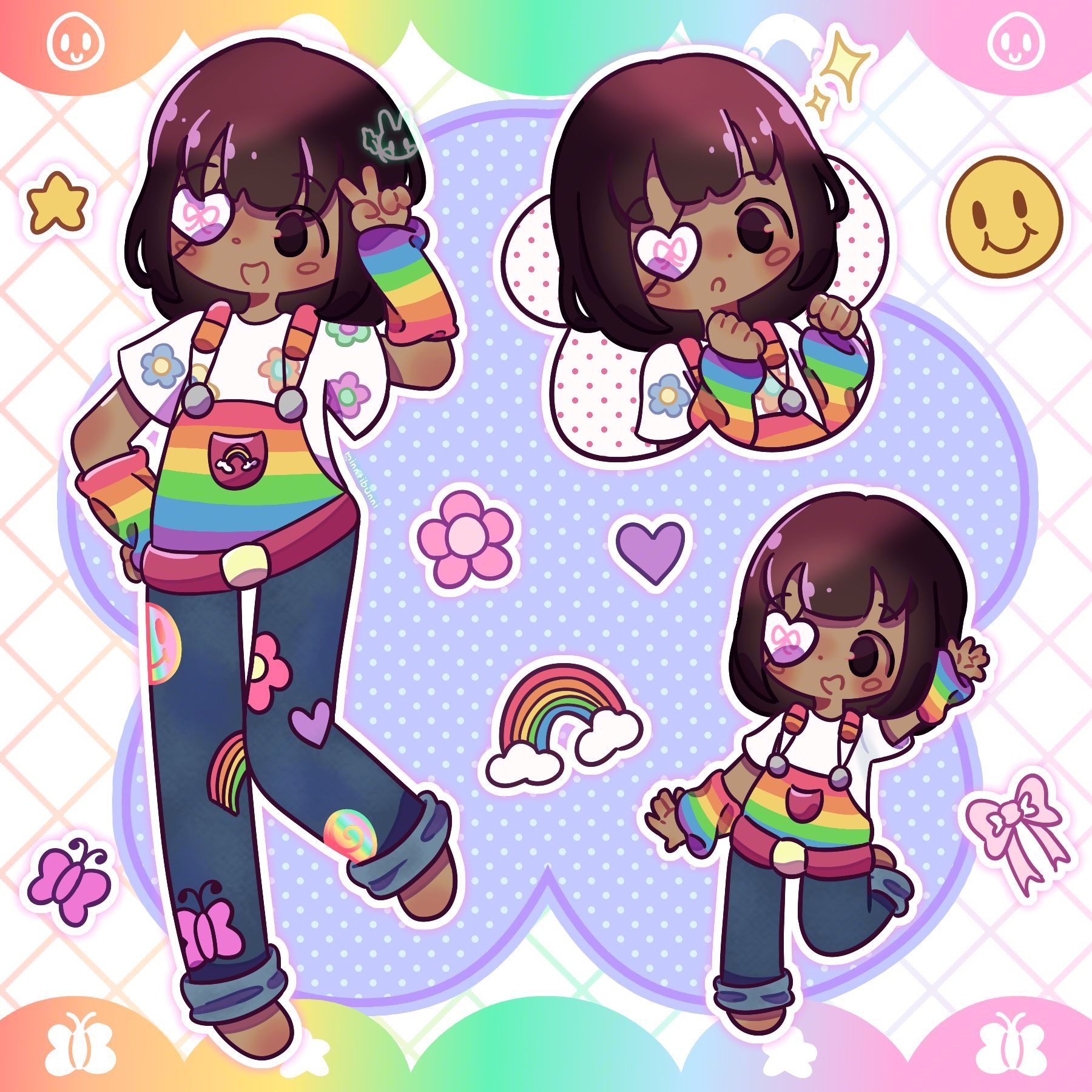 An illustration of dark__nyx's  (on Artfight) original character Gummi. They are doing a peace sign on their head and have their other hand resting on their hip. They are surrounded by a chibi version of themself waving and a headshot of them looking shocked. They are surrounded by a smiley icon, a flower, a heart, a star, a butterfly, a bow and a rainbow.