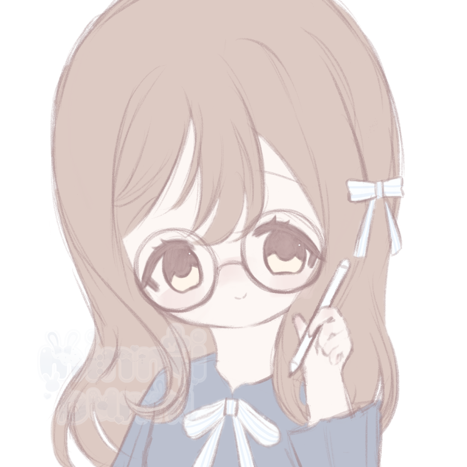 An illustration of Hanamaru Kunikida from Love Live! Sunshine!!. She is holding a pen and is wearing round glasses and a blue dress.