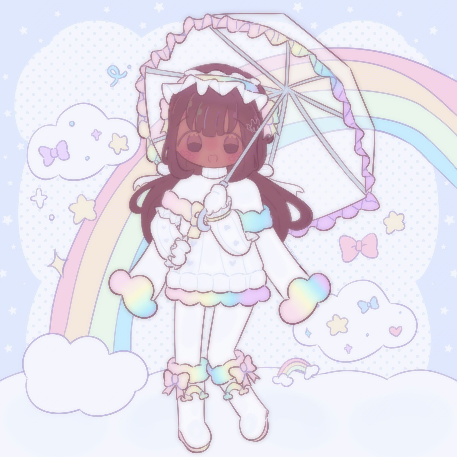 An illustration of a girl with a rainbow themed character design smiling and holding an umbrella. There is a rainbow and clouds with charms behind her and other charms around her.