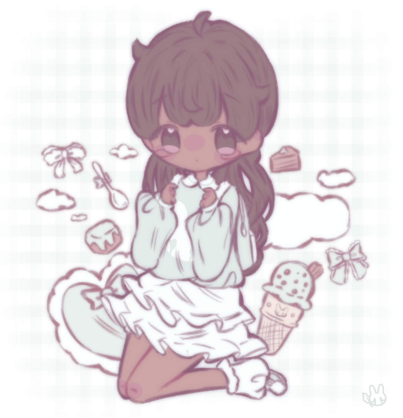 An illustration of the mayor. She is sitting on her knees and holding her backpack.