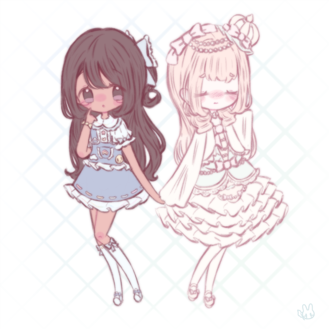 An illustration of two of my original characters. They are holding hands, one of them is pointing to their face and looking at the other character. The other character has their hand on their face and has a flustered expression.