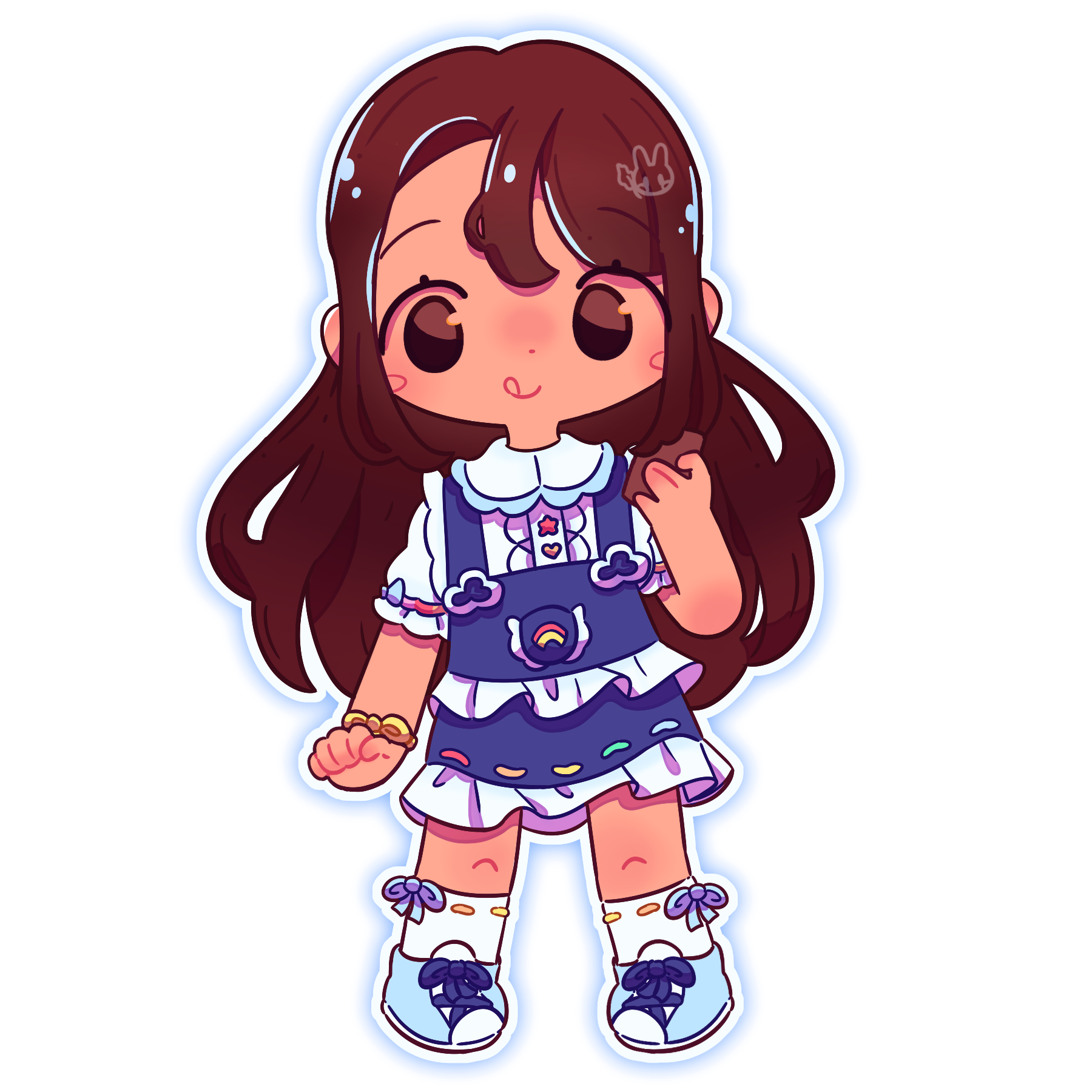 An illustration of a girl eating a nougat drawn in chibi style.