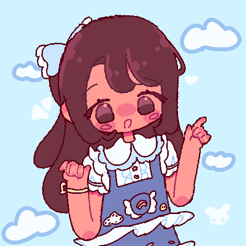 An animated GIF of my original character drawn in a pixel art style. She is smiling and point with her hand.