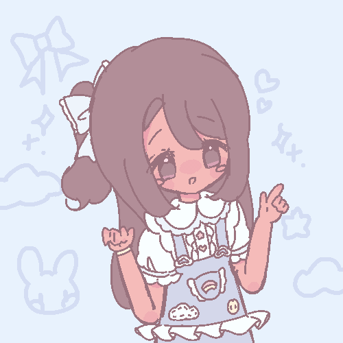 An animated GIF of my original character drawn in a pixel art style. She is smiling and pointing with her hand.