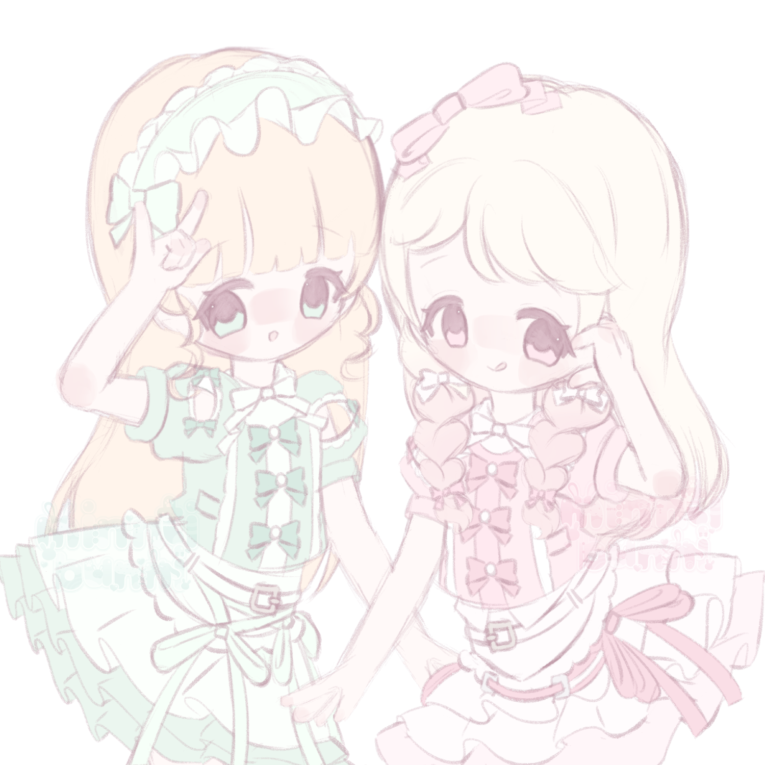 An illustration of the character Sumire Heanna and Natsumi Onitsuka from Love Live! Superstar!!. Sumire is doing her signature 'galaxy' hand pose where she has her pointer finger, pinky finger and thumb up with the other fingers down while smiling. Natsumi is holding a heart pose next to her cheek and is sticking her tongue out. They are both wearing their 'Hyper Glowing!' idol costumes.