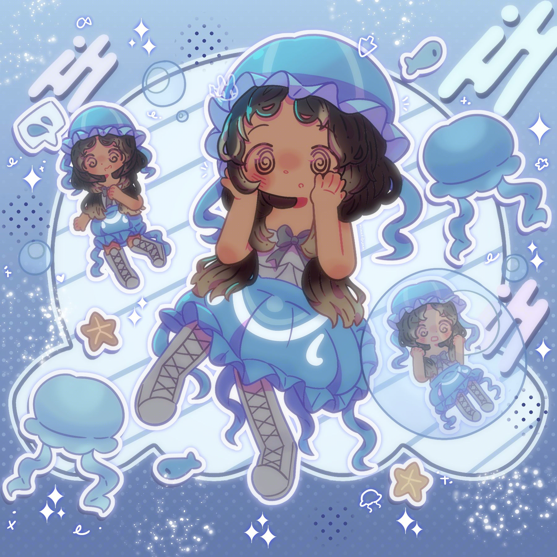 An illustration of idleandbusy's (on ArtFight) original character sitting and holding their hands up to their face. They have a mildly shocked expression on their face. They are surrounded by chibi versions of themself, one of them is running and the other is trapped inside a bubble. They are surrounded by fish, bubbles, jellyfish and starfish.