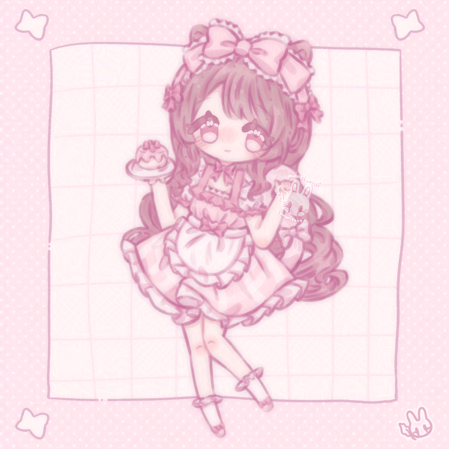 An illustration of jade's character drawn in chibi style. She is holding a plate with a cake on it.