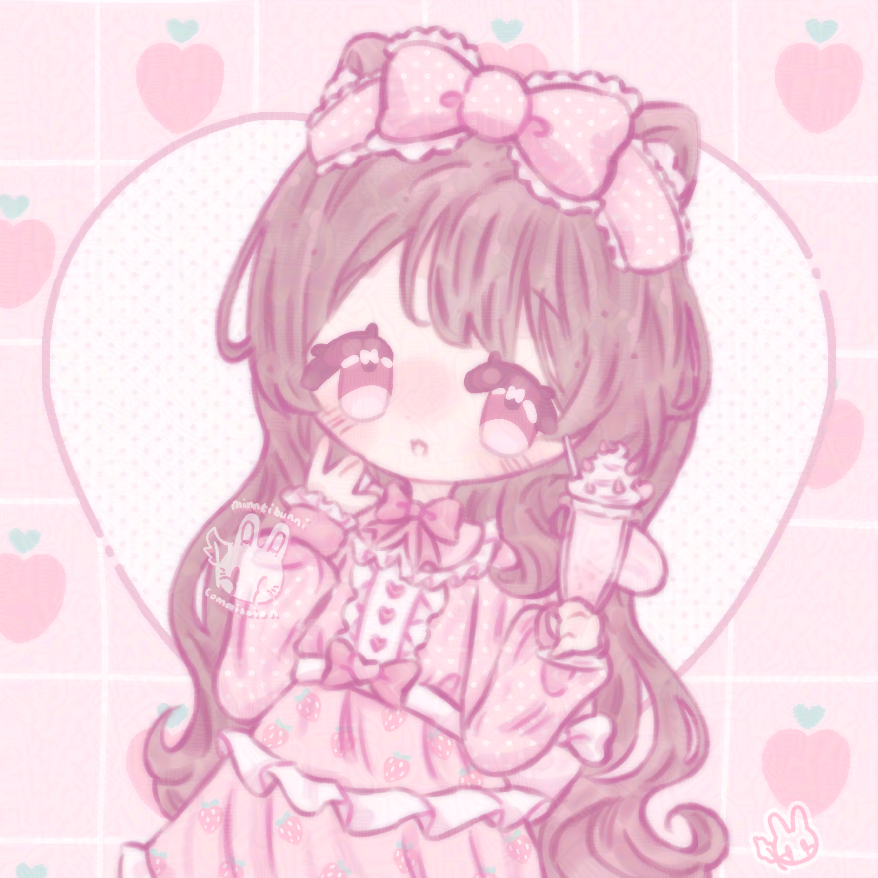 An illustration of jade's character. She is holding a strawberry flavoured drink and has her hand up to her face while smiling.