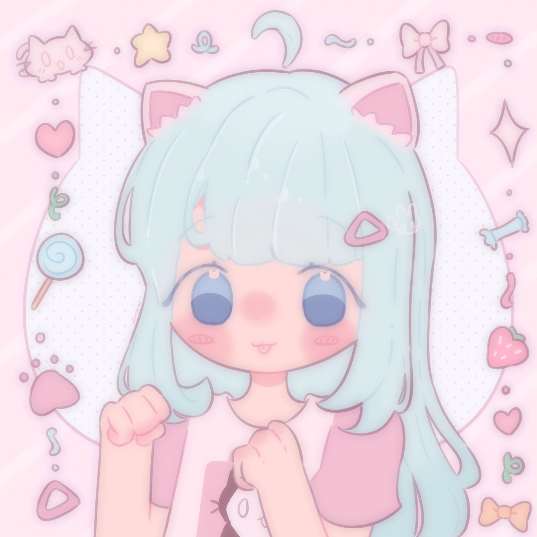 An illustration of jen.y's (on discord) character. They are holding their hands up to look like cat paws and sticking their tongue out. They are surrounded by bows, a cat, stars, hearts, doodles, their hair pin, a pawprint, sweets and sparkles.