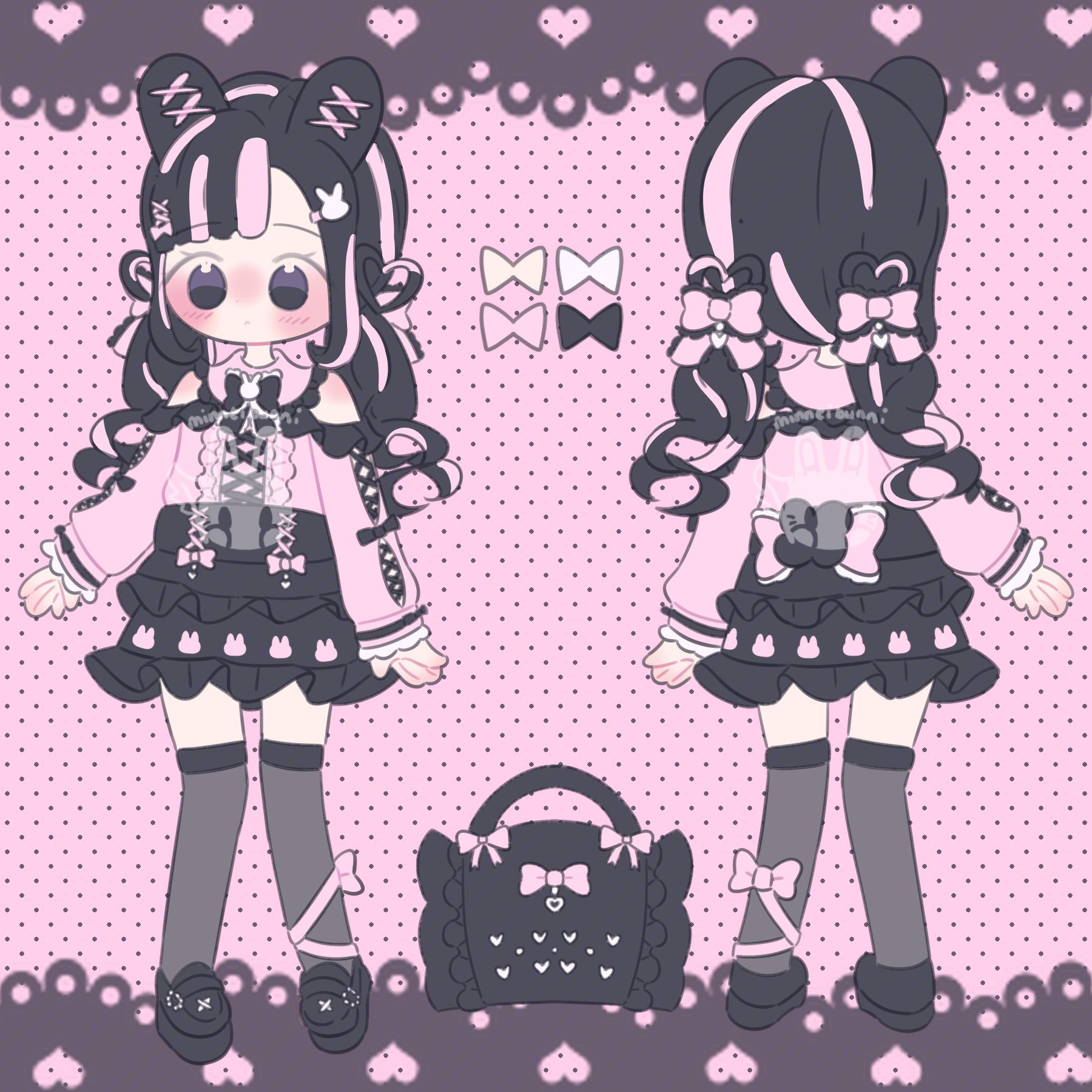 A reference sheet of a girl with bunny ears and a tail wearing jirai kei fashion.