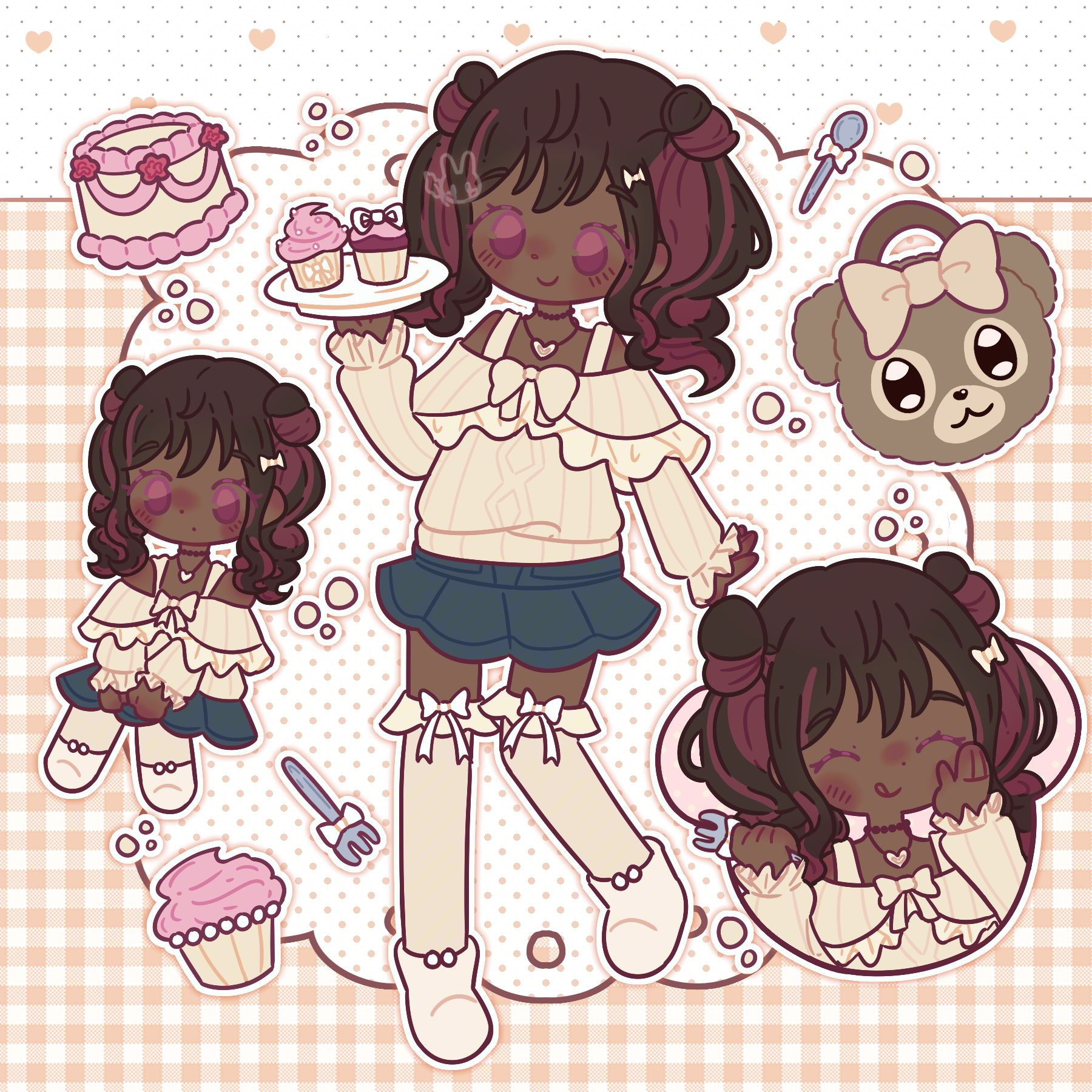 An illustration of sakikotogawa's (on ArtFight) original character Juni. They are holding a plate with two cupcakes. They are surrounded by a headshot of them holding a fork and looking satisfied and a chibi version of themself sitting. They are surrounded by dining utensils, baked goods and her bag. 