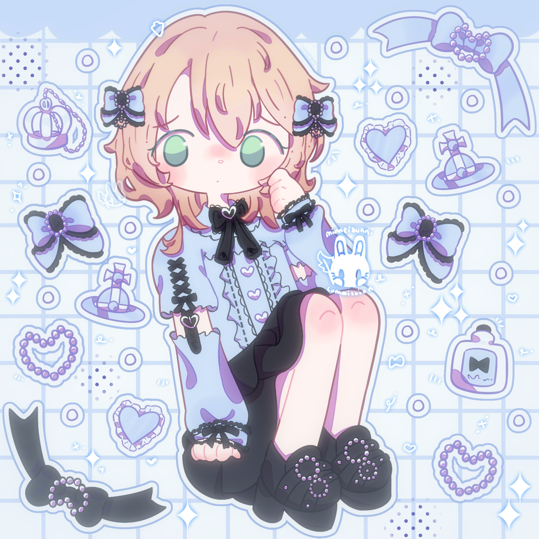 An illustration of the character Muu Kusunoki from the music project 'MILGRAM' wearing jirai kei fashion. She is pointing her hand to her face with a worried expression. She is surrounded by bows, jewellery, a perfume bottle, pearls and hearts. There are many sparkles and doodles around her.