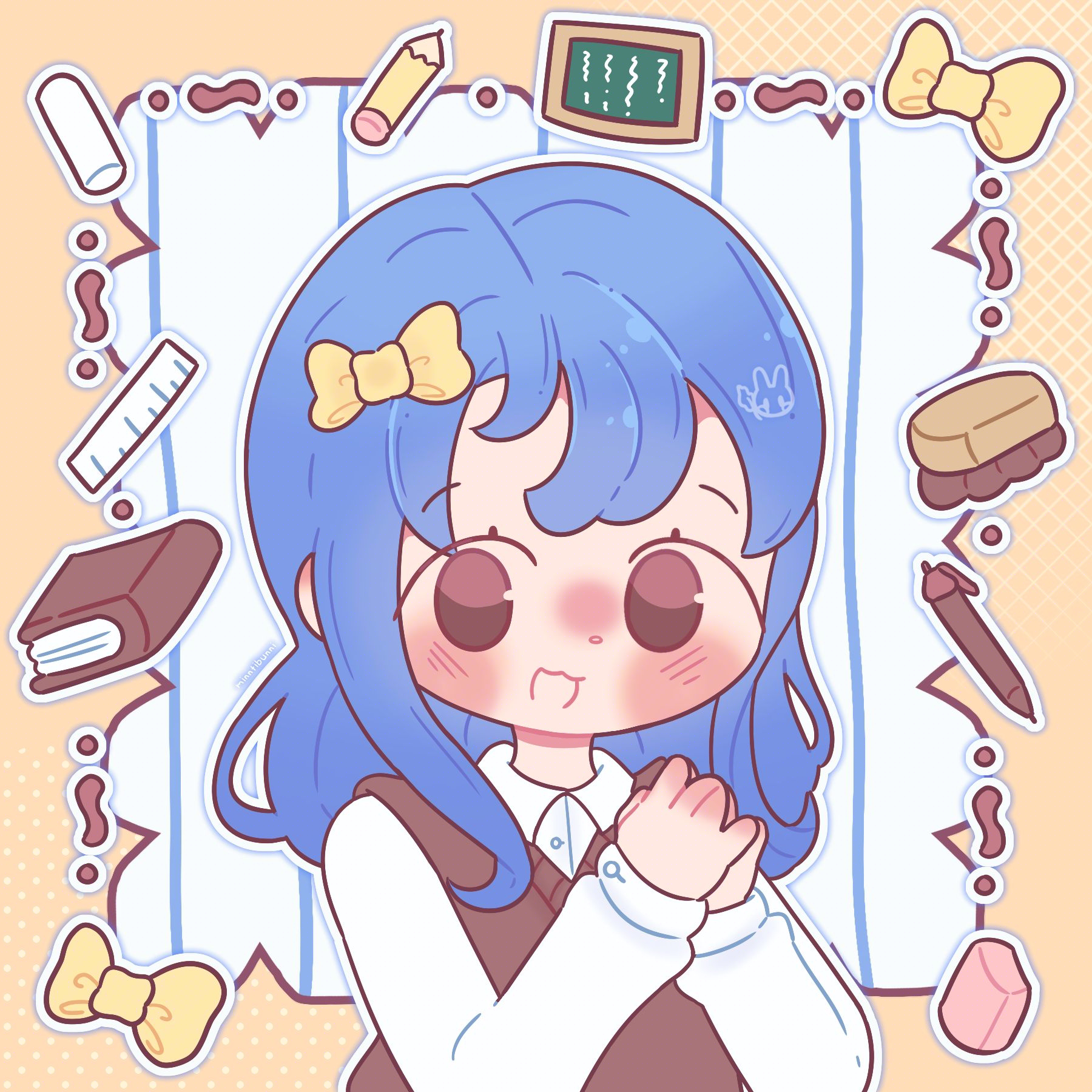 An illustration of aernthearo's (on ArtFight) original character Kai. They are holding their hands together. They are surrounded by school supplies, books and bows.