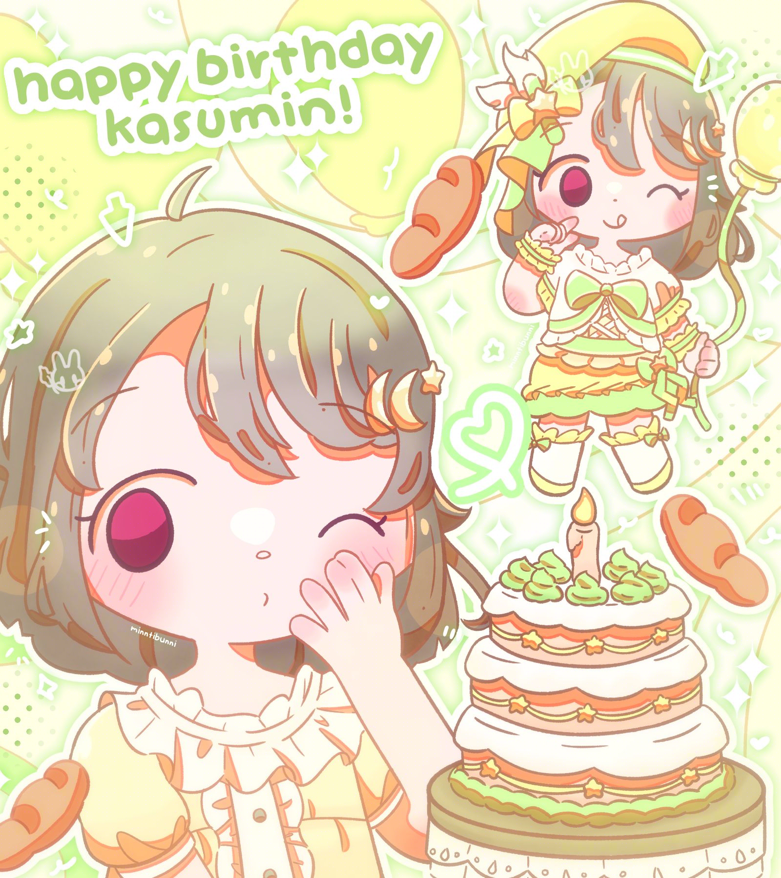 An illustration of the character Kasumi Nakasu from the Love Live series. She is blowing a kiss at the viewer behind a birthday cake. There is also a chibi version of her in her 'Diamond' outfit holding a balloon. She is surrounded by bread, sparkles and doodles. There is text above her head that reads 'happy birthday kasumin!'.
