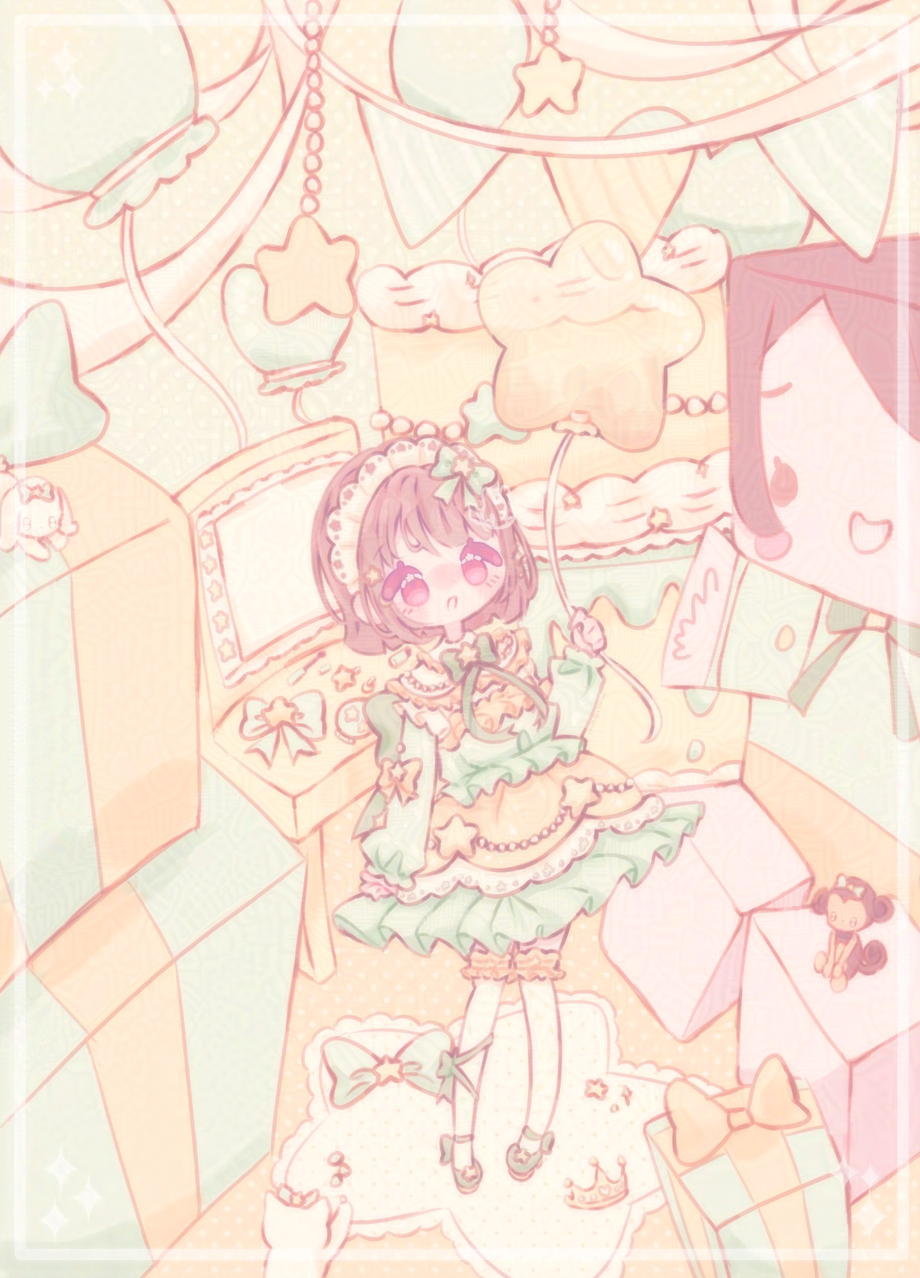 An illustration of the character 'Kasumi Nakasu' from 'Love Live! Nijigasaki High School Idol Club'. She is standing in a birthday party themed room and is looking up at the balloon she is holding while smiling. 