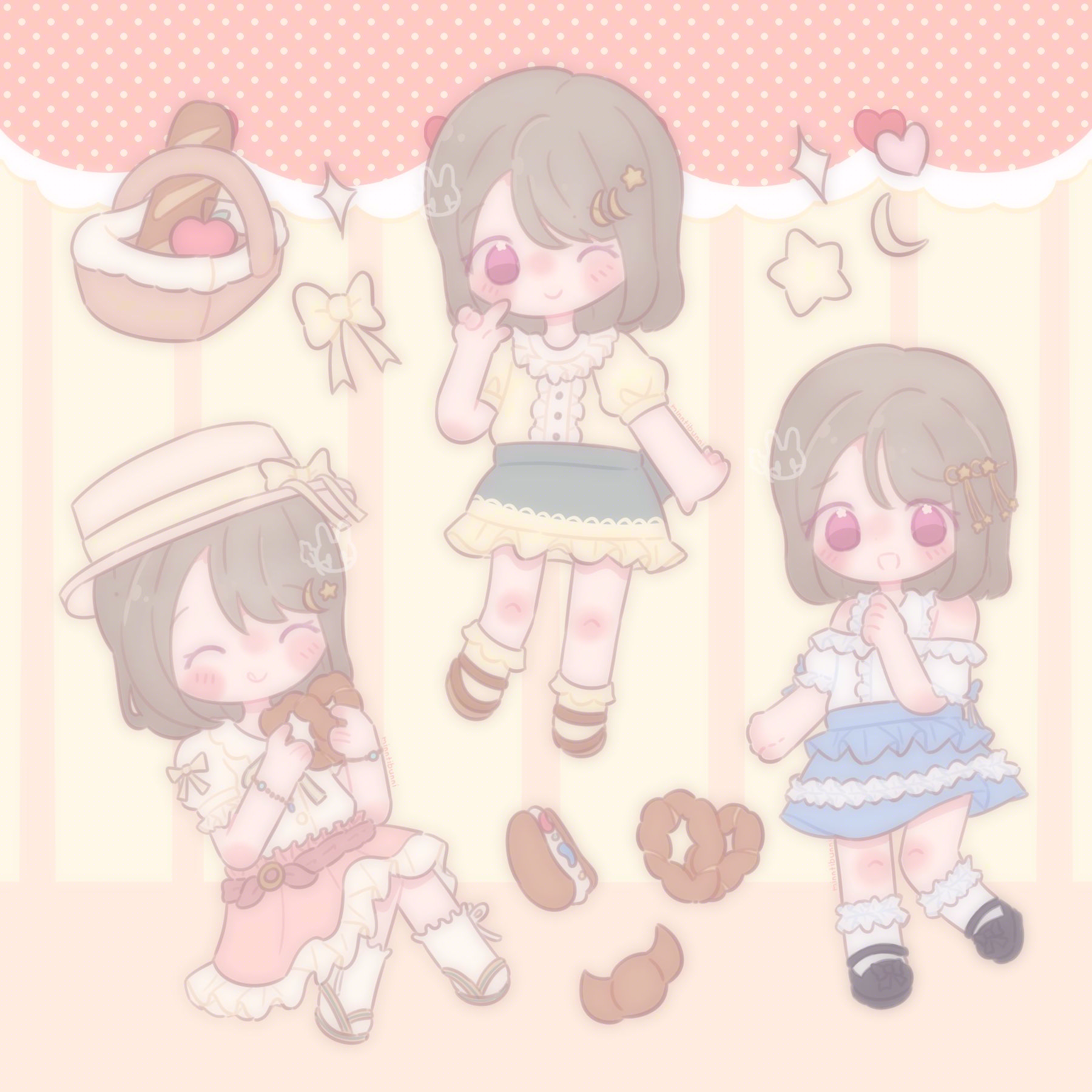 An illustration of three chibi versions of Kasumi Nakasu from Love Live! Nijigasaki High School Idol Club in different poses and clothing. In one pose she is eating a pretzel, in another pose she is pointing to herself and winking and in the last pose she is holding her hand to her face. She is surrounded by various breads, a basket with a baguette and apple inside, sparkles, a bow, stars, a moon icon and a heart.